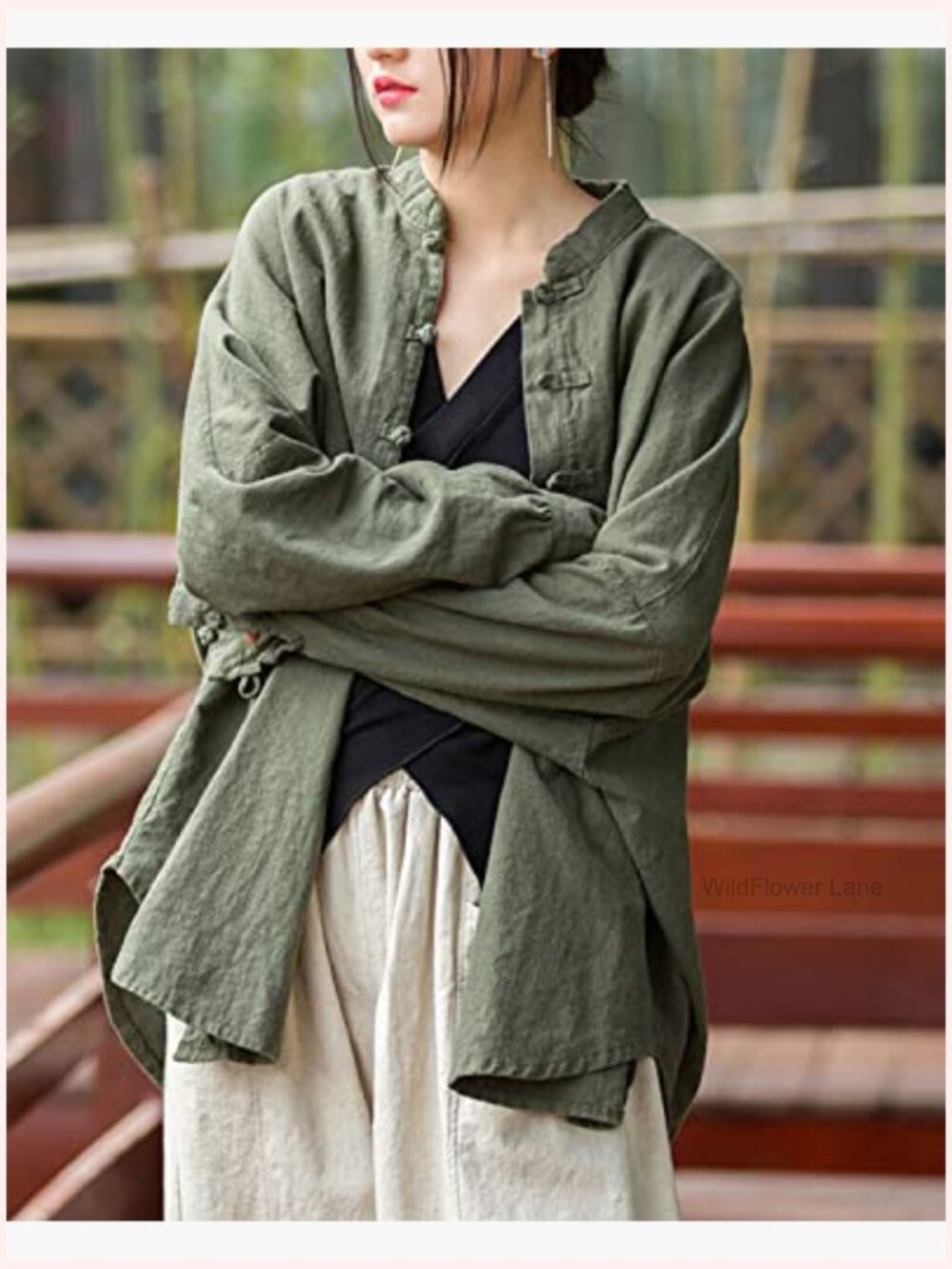 Linen Oversized Blouse Vintage Long Sleeve Chinese Frog Button Jacket Shirt Top - Picture 6 of 7